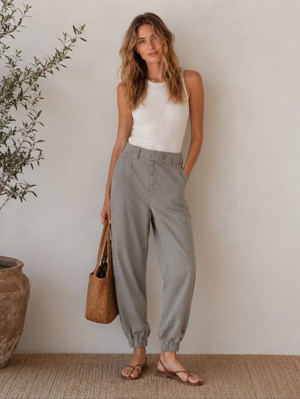 TNA Relaxed High-Rise Cargo Joggers in Stone